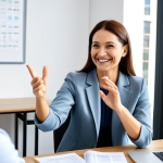 **

"A health coach, smiling warmly, fully clothed in professional attire, sitting across from a client in a bright, modern office. The coach is gesturing supportively. The scene emphasizes a friendly and encouraging atmosphere, safe for work, appropriate content, professional, modest, family-friendly, perfect anatomy, correct proportions, natural pose, well-formed hands, proper finger count, natural body proportions."

**