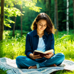Digital Detox in Nature**

A woman fully clothed in modest, comfortable clothing, sitting peacefully on a blanket in a sun-dappled forest clearing, a deactivated smartphone lying beside her. She is reading a book, a serene expression on her face. Lush greenery surrounds her, with dappled sunlight filtering through the trees. Focus on relaxation and tranquility. Safe for work, appropriate content, perfect anatomy, natural proportions, professional photography, high quality, family-friendly.

**