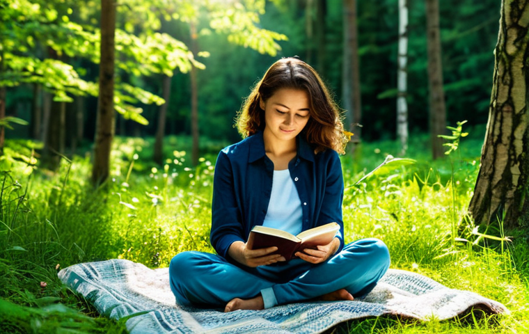 Digital Detox in Nature**

A woman fully clothed in modest, comfortable clothing, sitting peacefully on a blanket in a sun-dappled forest clearing, a deactivated smartphone lying beside her. She is reading a book, a serene expression on her face. Lush greenery surrounds her, with dappled sunlight filtering through the trees. Focus on relaxation and tranquility. Safe for work, appropriate content, perfect anatomy, natural proportions, professional photography, high quality, family-friendly.

**