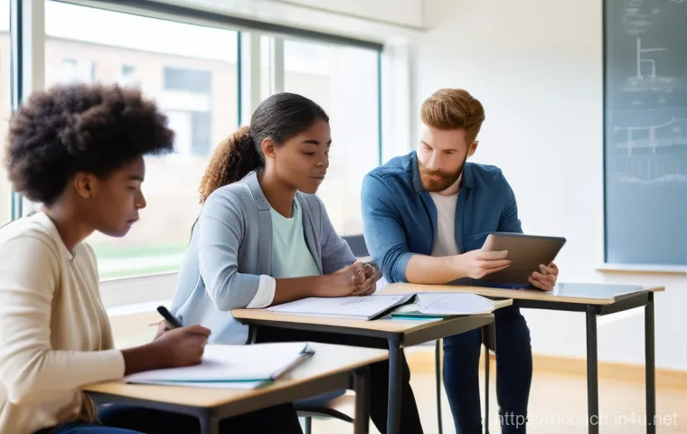 건강코칭의 자격증 요구사항 - A group of diverse university students, both male and female, in a bright, modern classroom. They ar...